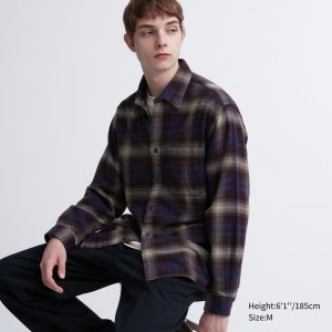 Burgundy Uniqlo Flannel Regular Fit Checked Shirt Regular Collar | TFLRY-6073