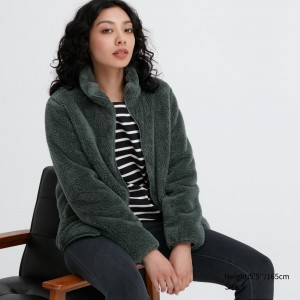Dark Green Uniqlo Fluffy Fleece Zipped Jacket | KQZCA-3906
