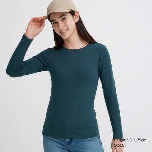 Dark Green Uniqlo Heattech Extra Warm Cotton Crew Neck Long Sleeved Thermal Top | DYXAZ-8314