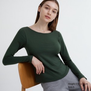 Dark Green Uniqlo Heattech Ribbed Scoop Neck Long Sleeved Thermal Bra Top | YAGMR-5796