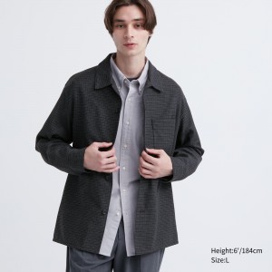 Dark Grey Uniqlo Brushed Twill Checked Long Sleeved Overshirt | AZUCV-9475