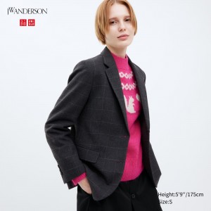 Dark Grey Uniqlo Single Breasted Checked Jacket | RGFLW-1640