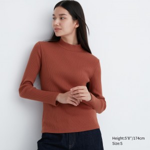 Dark Orange Uniqlo Ribbed High Neck Long Sleeved T-Shirt | JLSRO-6942