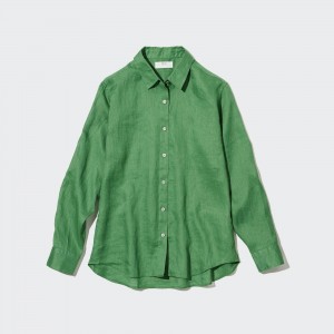 Green Uniqlo 100pct Premium Linen Shirt | CQPBJ-7862