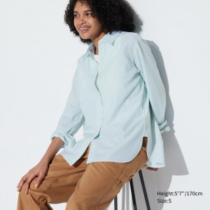 Green Uniqlo Extra Fine Cotton Striped Long Sleeved Shirt | QVDAH-3682