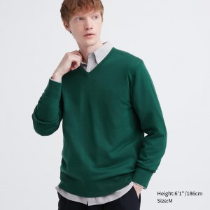 Green Uniqlo Extra Fine Merino V Neck Jumper | EPZCY-4086
