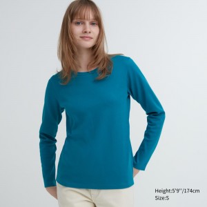 Green Uniqlo Smooth Cotton Stretch Crew Neck Long Sleeved T-Shirt | PUOSJ-5416