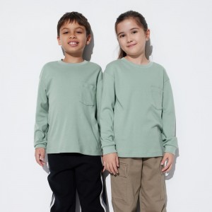 Green Uniqlo Soft Brushed Cotton Crew Neck Long Sleeved T-Shirt | QXERF-8561