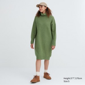 Green Uniqlo Souffle Yarn Turtleneck Long Sleeved Dress | XNODW-7839