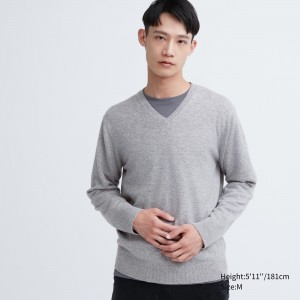 Grey Uniqlo 100pct Cashmere V Neck Jumper | VAJCN-3786