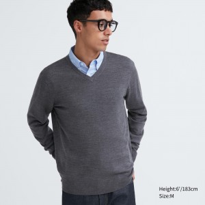 Grey Uniqlo 100pct Extra Fine Merino V Neck Jumper | IGABW-2350