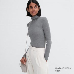 Grey Uniqlo Heattech Extra Warm Seamless Ribbed Turtleneck Long Sleeved Thermal Top | USCPH-1328