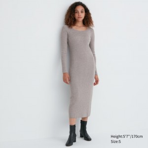 Grey Uniqlo Merino Blend Fitted U Neck Long Sleeved Dress | WMUSZ-6102