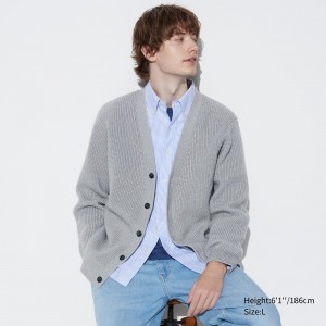 Grey Uniqlo Middle Gauge Knit V Neck Cardigan | MTIYR-8720