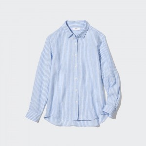 Light Blue Uniqlo 100pct Premium Linen Striped Long Sleeved Shirt | VCKEW-5304