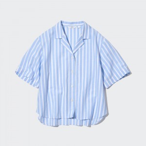 Light Blue Uniqlo Linen Blend Striped Open Collar Short Sleeved Shirt | DRNXB-2783