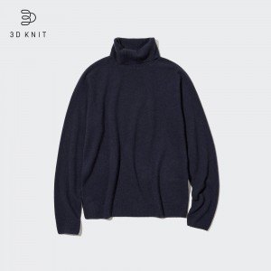 Navy Uniqlo 100pct Cashmere 3d Knit Seamless Turtleneck Jumper | IHBOX-4270