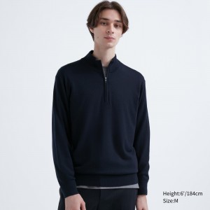 Navy Uniqlo 100pct Extra Fine Merino Half Zipped Jumper | VBTOC-1426