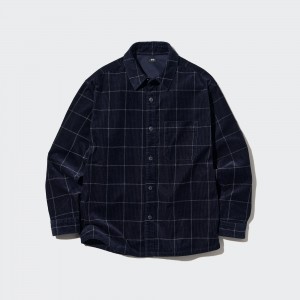 Navy Uniqlo Corduroy Oversized Checked Shirt | ZNWQB-4521