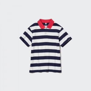 Navy Uniqlo Dry Pique Striped Short Sleeved Polo Shirt | TJKYS-0365