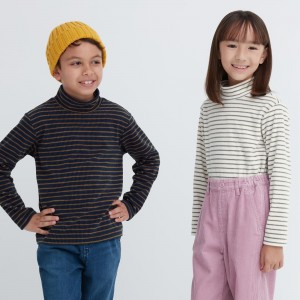Navy Uniqlo Fleece Ribbed Striped High Neck Long Sleeved T-Shirt | SVPLK-9160