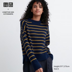 Navy Uniqlo Lambswool Striped Jumper | JPZRK-8147