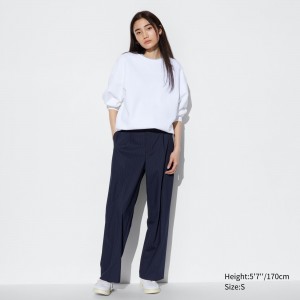 Navy Uniqlo Pleated Wide Leg Striped Trousers | JOYDW-7849
