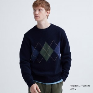 Navy Uniqlo Premium Lambswool Argyle Crew Neck Jumper | INGKX-1345