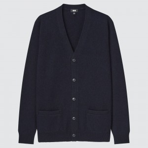 Navy Uniqlo Premium Lambswool V Neck Cardigan 2021 Season | OIVLW-2049