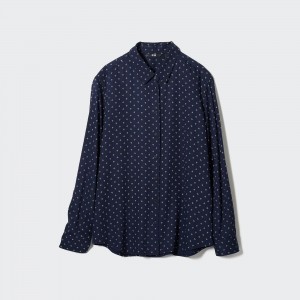 Navy Uniqlo Rayon Printed Long Sleeved Blouse | IKWCJ-8031