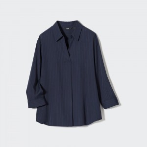 Navy Uniqlo Rayon Striped Skipper Collar 34 Sleeved Blouse | VQTMN-7406
