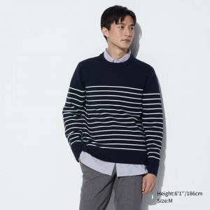 Navy Uniqlo Washable Milano Ribbed Striped Crew Neck Jumper | PINHG-0718