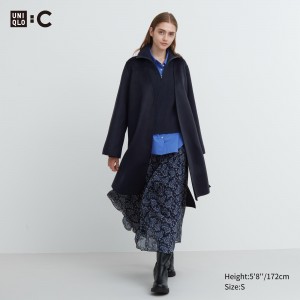 Navy Uniqlo Wool Blend Wrap Coat | EWCAS-7861