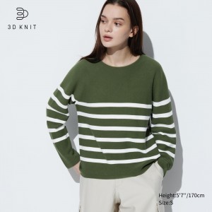 Olive Uniqlo 3d Knit Seamless Cotton Striped Crew Neck Jumper | CVNME-4796