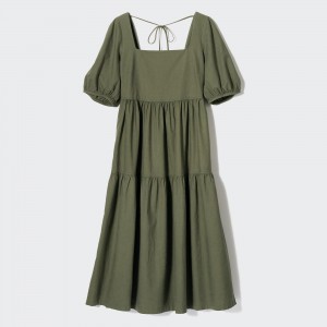 Olive Uniqlo Linen Blend Shirring Volume Sleeved Dress | VCOXN-2746