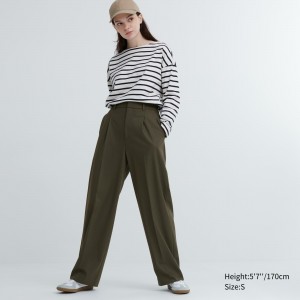 Olive Uniqlo Pleated Wide Leg Trousers | NZHUI-0562