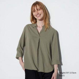Olive Uniqlo Rayon Skipper Collar 34 Sleeved Blouse | MYCDT-3458