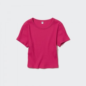 Pink Uniqlo Ribbed Cropped Crew Neck T-Shirt | SWNCI-2403