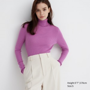 Purple Uniqlo 100pct Extra Fine Merino Ribbed Turtleneck Jumper | XGTPO-7941