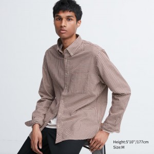 Red Uniqlo Flannel Regular Fit Checked Shirt Button Down Collar | BEGLK-5914