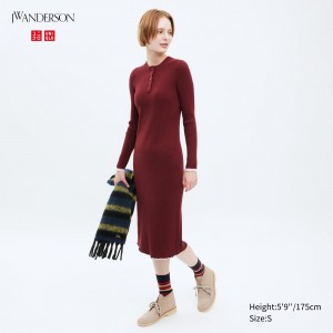 Red Uniqlo Ribbed Knit Long Sleeved Dress | NQDFC-3759