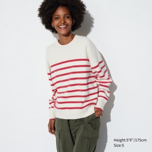 Red Uniqlo Smooth Cotton Relaxed Fit Striped Crew Neck Jumper | HFURL-0582