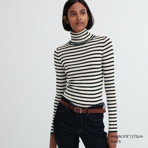 White Uniqlo 100pct Extra Fine Merino Ribbed Striped Turtleneck Jumper | CGZNJ-8316