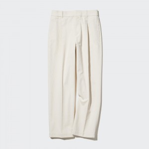 White Uniqlo Corduroy Pleated Wide Leg Trousers Long | VEAHO-3015
