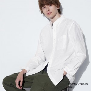 White Uniqlo Extra Fine Cotton Broadcloth Printed Shirt Button Down Collar | KHXOE-8923