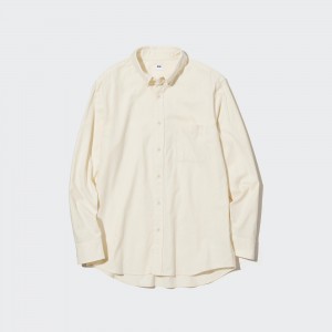 White Uniqlo Flannel Regular FiT-Shirt Button Down Collar | AUOQF-9384