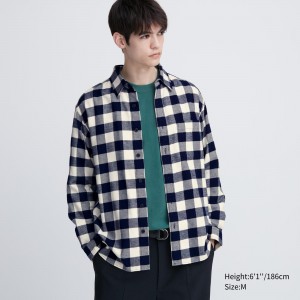 White Uniqlo Flannel Regular Fit Checked Shirt Regular Collar | NOTFU-5689