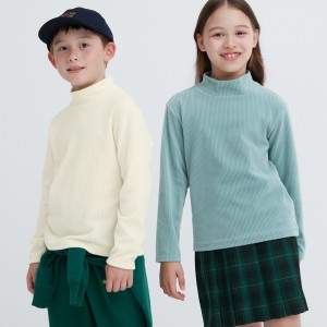 White Uniqlo Fleece Ribbed High Neck Long Sleeved T-Shirt | HGWPO-9520