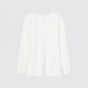 White Uniqlo Heattech Crew Neck Long Sleeved Thermal Top | YLSVM-9472