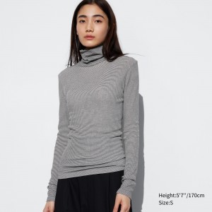 White Uniqlo Heattech Extra Warm Seamless Ribbed Striped Turtleneck Long Sleeved Thermal Top | WPKLH-6418